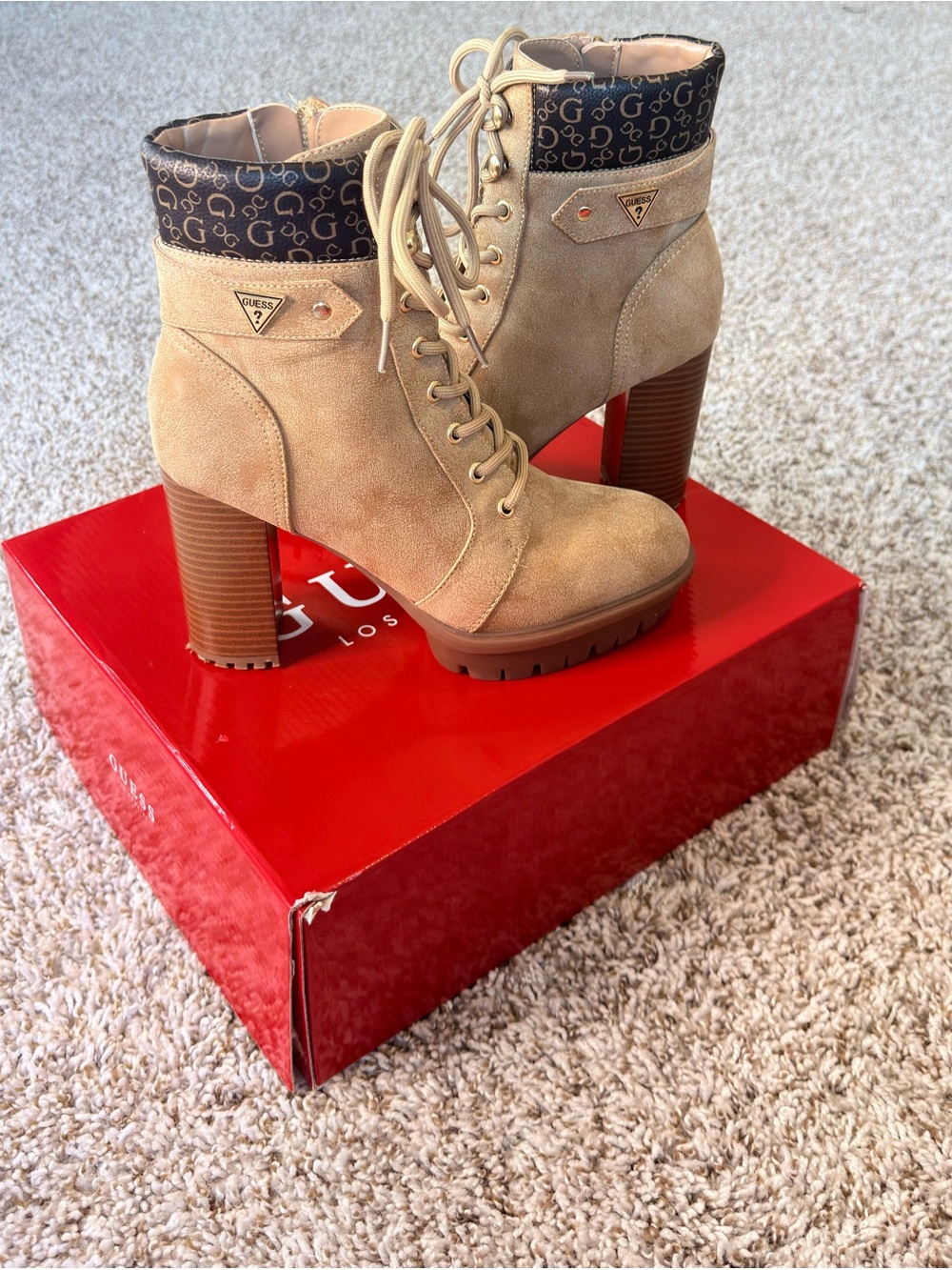 GUESS Tan Suede Chunky Block Heel Combat Boots Box Included